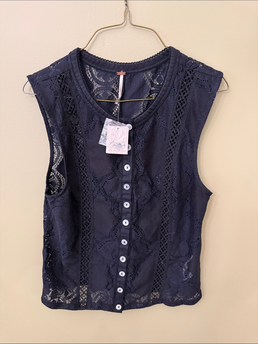 Free People Navy Sleeveless Lace Button-Down Top